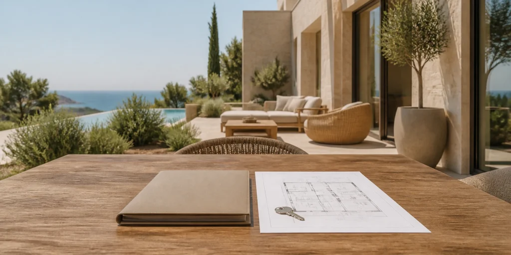 Foreign buyers reviewing buying property in Spain with a lawyer